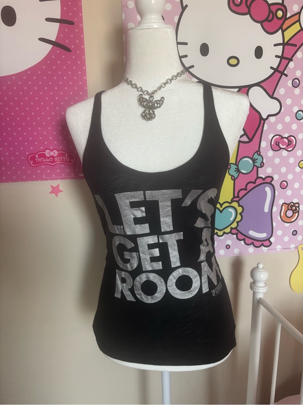 Y2K VTG vintage vs victorias secret PINK black tank top “let’s get a room”